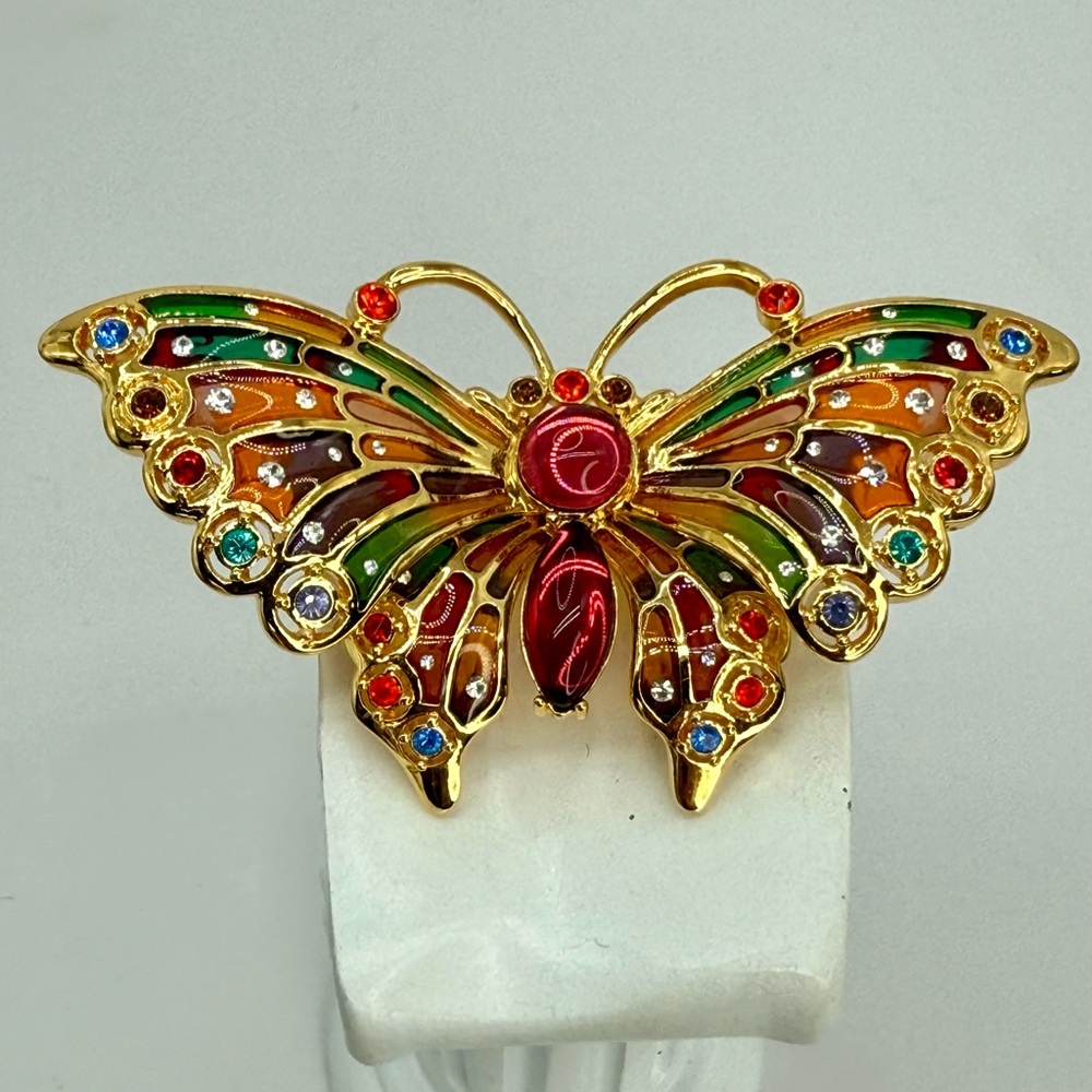 Vintage Joan Rivers “Stained Glass Butterfly” Brooch Multicolor Enamel & Crystal
